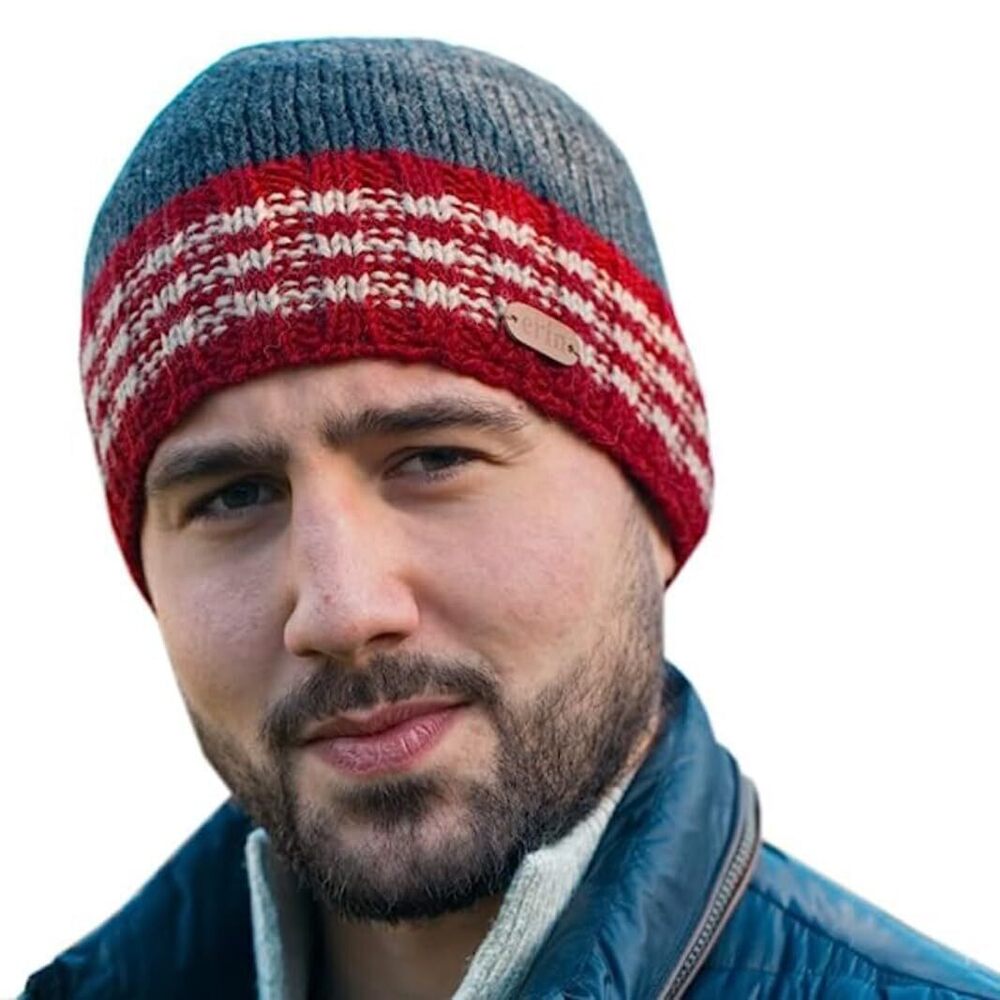1144 Irish Wool Fisherman's Knit Beanie Hat with Trim, 100% Wool, Hand Wash